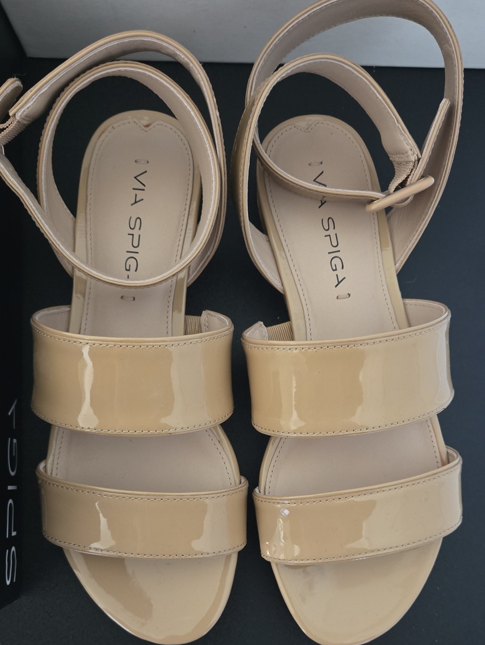 Via Spiga Women's Beige Patent Leather Ankle-Strap Sandals